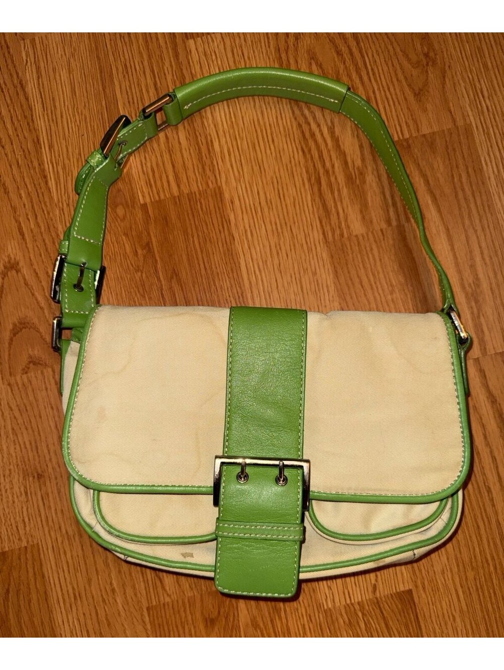 Y2K express shoulder bag beige green buckle close pockets retro Flaw stains
